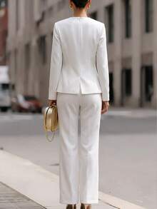 SHEIN Women's White Asymmetric Button Long Sleeve Top & Wide Leg Pants Suit, Elegant 2 Pieces Outfit For Sp - White - View 2