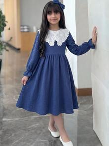 SHEIN Tween女孩秋冬日常休閒優雅珠飾刺繡翻領泡泡長袖抓皺大裙擺洋裝 深藍色兒童女童洋裝復古校園返校季 - 寶藍色 - 查看 4