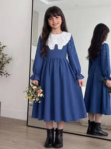 SHEIN Tween女孩秋冬日常休閒優雅珠飾刺繡翻領泡泡長袖抓皺大裙擺洋裝 深藍色兒童女童洋裝復古校園返校季 - 寶藍色 - 查看 6