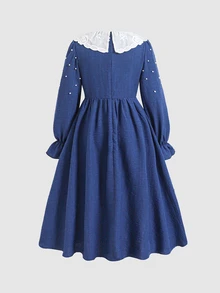 SHEIN Tween女孩秋冬日常休閒優雅珠飾刺繡翻領泡泡長袖抓皺大裙擺洋裝 深藍色兒童女童洋裝復古校園返校季 - 寶藍色 - 查看 3