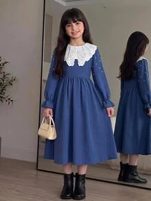 SHEIN Tween女孩秋冬日常休閒優雅珠飾刺繡翻領泡泡長袖抓皺大裙擺洋裝 深藍色兒童女童洋裝復古校園返校季 - 寶藍色 - 查看 8