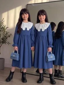 SHEIN Tween女孩秋冬日常休閒優雅珠飾刺繡翻領泡泡長袖抓皺大裙擺洋裝 深藍色兒童女童洋裝復古校園返校季 - 寶藍色 - 查看 2