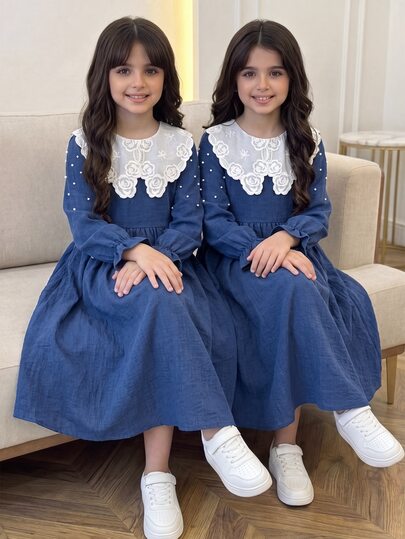 SHEIN Tween Girls Autumn/Winter Daily Casual Elegant Beaded Embroidered Lapel Puff Long Sleeve Ruched Full Skirt Dress Deep Blue Children's Dress Girls Dress Vintage School Back To School Season