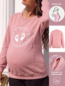 GentleRue Maternity Sweatshirt Hamil/Menyusui Serbaguna dengan Leher Bulat dan Motif Huruf Eropa dan Amerika - Berwarna merah muda - View 11