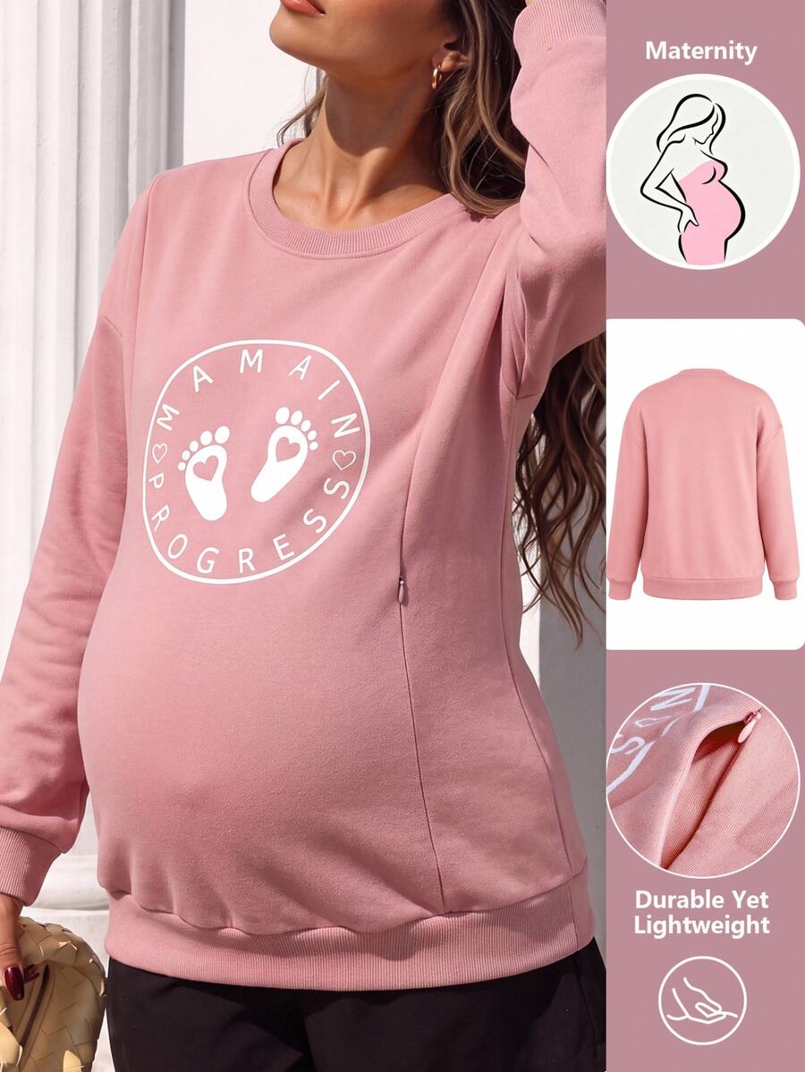 GentleRue Maternity European And American Letter Print Round Neck Loose Versatile Maternity Nursing Sweatshirt - Pink - View 1