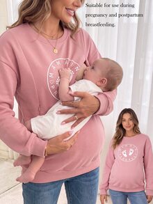GentleRue Maternity Sweatshirt Hamil/Menyusui Serbaguna dengan Leher Bulat dan Motif Huruf Eropa dan Amerika - Berwarna merah muda - View 1