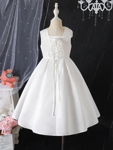 Elladie kids 小女孩象牙色緞面無袖大花高腰A字公主花童婚禮禮服，適合派對 - 白色 - 查看 4