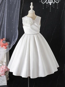 Elladie kids 小女孩象牙色緞面無袖大花高腰A字公主花童婚禮禮服，適合派對 - 白色 - 查看 6