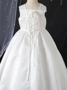 Elladie kids 小女孩象牙色緞面無袖大花高腰A字公主花童婚禮禮服，適合派對 - 白色 - 查看 3