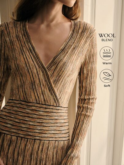 MOTF PREMIUM SPACE DYE PATTERN SURPLICE NECK PLISSE SLIM FIT SWEATER DRESS