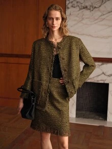 MOTF FOG GREEN TWEED FRAYED EDGE JACKET - Green - View 4