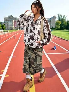 SHEIN EZwear 大尺碼女款牛紋立領休閒百搭日常長袖外套 秋季 - 黑色 - 查看 5