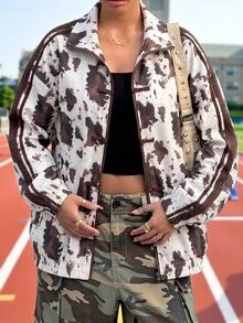 SHEIN EZwear 大尺碼女款牛紋立領休閒百搭日常長袖外套 秋季 - 黑色 - 查看 7
