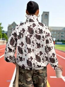 SHEIN EZwear 大尺碼女款牛紋立領休閒百搭日常長袖外套 秋季 - 黑色 - 查看 3
