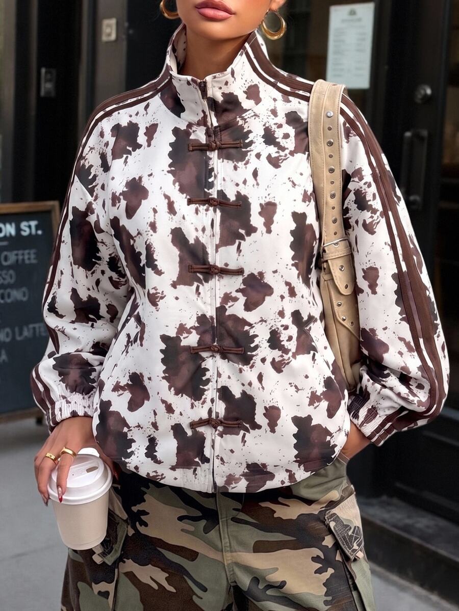 SHEIN EZwear 大尺碼女款牛紋立領休閒百搭日常長袖外套 秋季