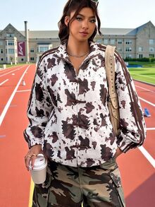 SHEIN EZwear 大尺碼女款牛紋立領休閒百搭日常長袖外套 秋季 - 黑色 - 查看 6