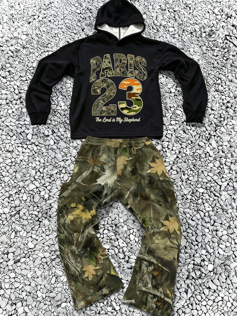 青少年男孩休閒簡約寬鬆連帽長袖直筒衛衣與喇叭褲兩件套,適合秋冬穿著 - 彩色 - 查看 1