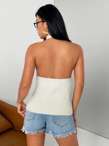 Allurite Women's Solid Color Frog Button Design Hollow Out Sexy Halter Neck Knit Top - Apricot - View 2