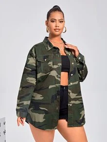 BriallanyX BriallanyX Plus Camo Print Flap Pocket Drop Shoulder Denim Coat - Army Green - View 6