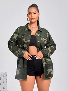 BriallanyX BriallanyX Plus Camo Print Flap Pocket Drop Shoulder Denim Coat - Army Green - View 5