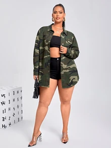BriallanyX BriallanyX Plus Camo Print Flap Pocket Drop Shoulder Denim Coat - Army Green - View 7