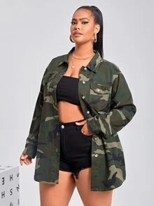 BriallanyX BriallanyX Plus Camo Print Flap Pocket Drop Shoulder Denim Coat - Army Green - View 3