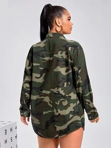 BriallanyX BriallanyX Plus Camo Print Flap Pocket Drop Shoulder Denim Coat - Army Green - View 4