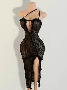 Mistrie Women's Lace Halter Minimalist Dress, Suitable For Summer - Black - View 4