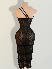 Mistrie Women's Lace Halter Minimalist Dress, Suitable For Summer - Black - View 3