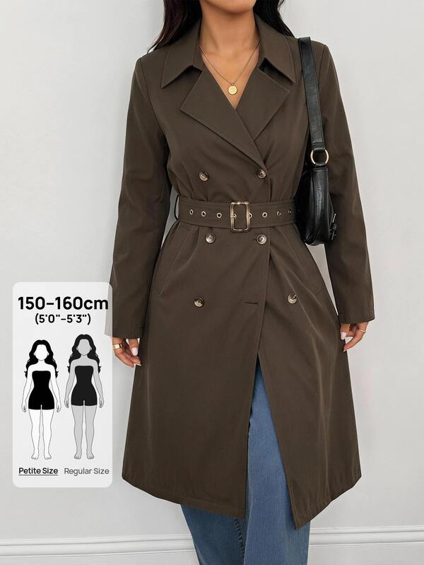 SHEIN PETITE Women's Khaki Vintage Long Sleeve Double-Breasted Trench Coat, Elegant Office Business Tie-Waist Long Coat For Autumn And Winter