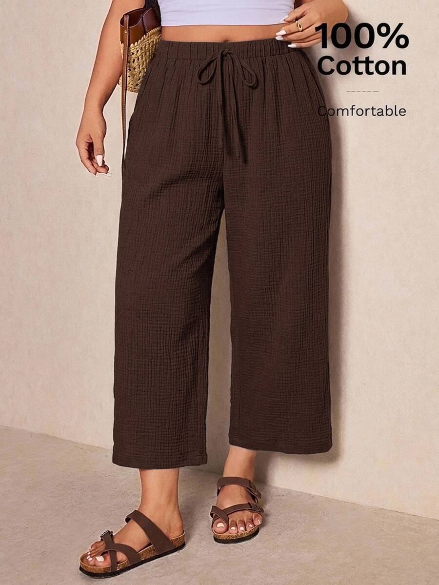 Elaquor Plus Size Brown Cotton Ankle Pants Suitable For Spring, Summer And Autumn - Brown - View 1