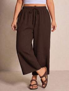 Elaquor Plus Size Brown Cotton Ankle Pants Suitable For Spring, Summer And Autumn - Brown - View 3