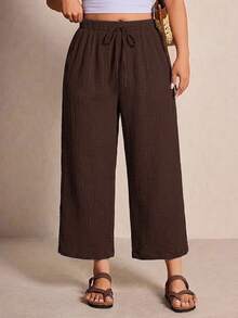 Elaquor Plus Size Brown Cotton Ankle Pants Suitable For Spring, Summer And Autumn - Brown - View 4