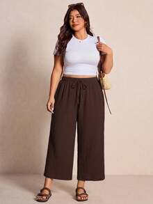 Elaquor Plus Size Brown Cotton Ankle Pants Suitable For Spring, Summer And Autumn - Brown - View 5