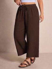 Elaquor Plus Size Brown Cotton Ankle Pants Suitable For Spring, Summer And Autumn - Brown - View 6