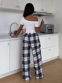 ZzzCrew Women's Asymmetrical Shoulder Sexy Top And Plaid Pants Loungewear 2 Pieces Set - White - View 2