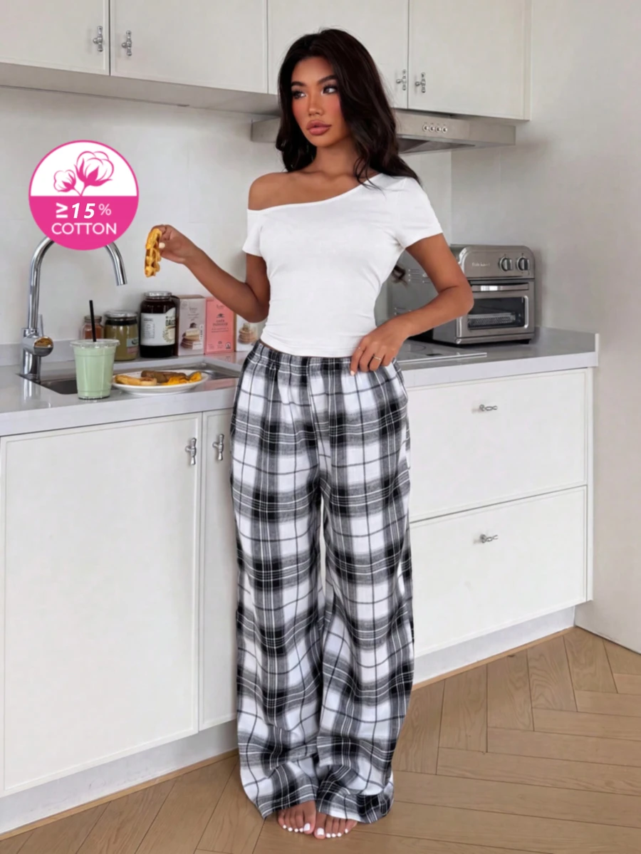 ZzzCrew Women's Asymmetrical Shoulder Sexy Top And Plaid Pants Loungewear 2 Pieces Set - White - View 1