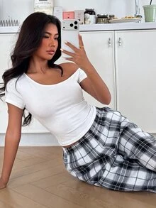 ZzzCrew Women's Asymmetrical Shoulder Sexy Top And Plaid Pants Loungewear 2 Pieces Set - White - View 6