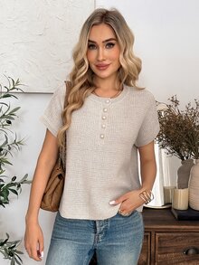 EMERY ROSE Women's Elegant French Casual Short Sleeve Knit Sweater, Versatile Slimming Half-Open Front Top Sparkly Summer Clothes Office Brunch Beige - Khaki - View 9