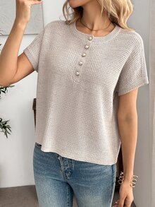 EMERY ROSE Women's Elegant French Casual Short Sleeve Knit Sweater, Versatile Slimming Half-Open Front Top Sparkly Summer Clothes Office Brunch Beige - Khaki - View 4