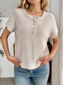 EMERY ROSE Women's Elegant French Casual Short Sleeve Knit Sweater, Versatile Slimming Half-Open Front Top Sparkly Summer Clothes Office Brunch Beige - Khaki - View 6