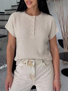 EMERY ROSE Women's Elegant French Casual Short Sleeve Knit Sweater, Versatile Slimming Half-Open Front Top Sparkly Summer Clothes Office Brunch Beige - Khaki - View 3