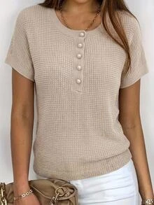 EMERY ROSE Women's Elegant French Casual Short Sleeve Knit Sweater, Versatile Slimming Half-Open Front Top Sparkly Summer Clothes Office Brunch Beige - Khaki - View 10