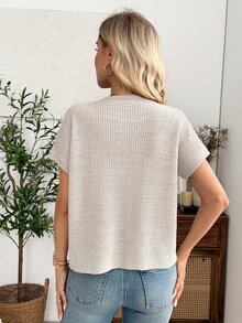 EMERY ROSE Women's Elegant French Casual Short Sleeve Knit Sweater, Versatile Slimming Half-Open Front Top Sparkly Summer Clothes Office Brunch Beige - Khaki - View 2