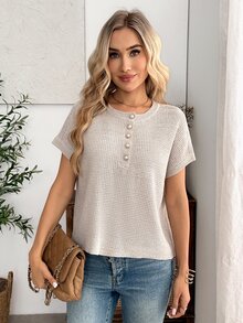 EMERY ROSE Women's Elegant French Casual Short Sleeve Knit Sweater, Versatile Slimming Half-Open Front Top Sparkly Summer Clothes Office Brunch Beige - Khaki - View 5