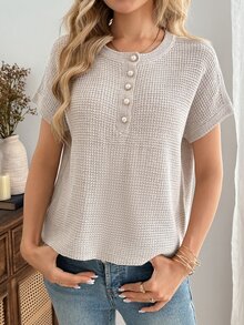 EMERY ROSE Women's Elegant French Casual Short Sleeve Knit Sweater, Versatile Slimming Half-Open Front Top Sparkly Summer Clothes Office Brunch Beige - Khaki - View 7