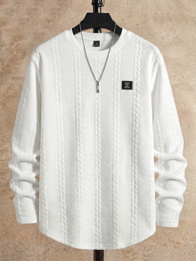 HIMLAND Men's Letter Print Crew Neck Knit Casual Long Sleeve T-Shirt Vacation Holiday White Autumn - White - View 7
