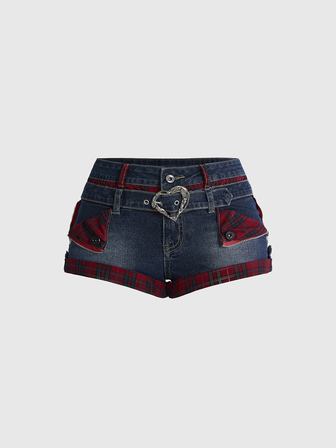 Pantaloncini in denim mini casual da donna con decorazione a bottoni a forma di cuore, a quadri, stile retrò Y2K, per primavera, estate e autunno