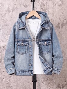 Kids Tween Boy Fashion Retro Blue Denim Hooded Long-Sleeved Jacket Halloween And Black To School - Blue - View 1