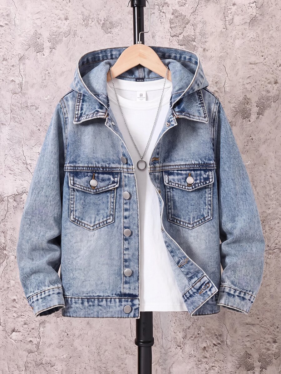 Kids Tween Boy Fashion Retro Blue Denim Hooded Long-Sleeved Jacket Halloween And Black To School - Blue - View 1